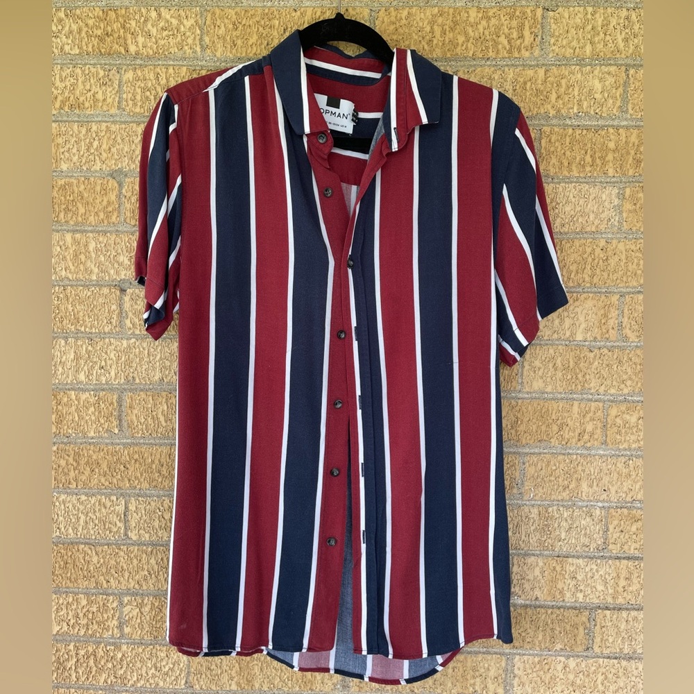 Topman Navy, Maroon, and White Striped Viscose Shirt - Men’s Medium - Picture 9 of 10